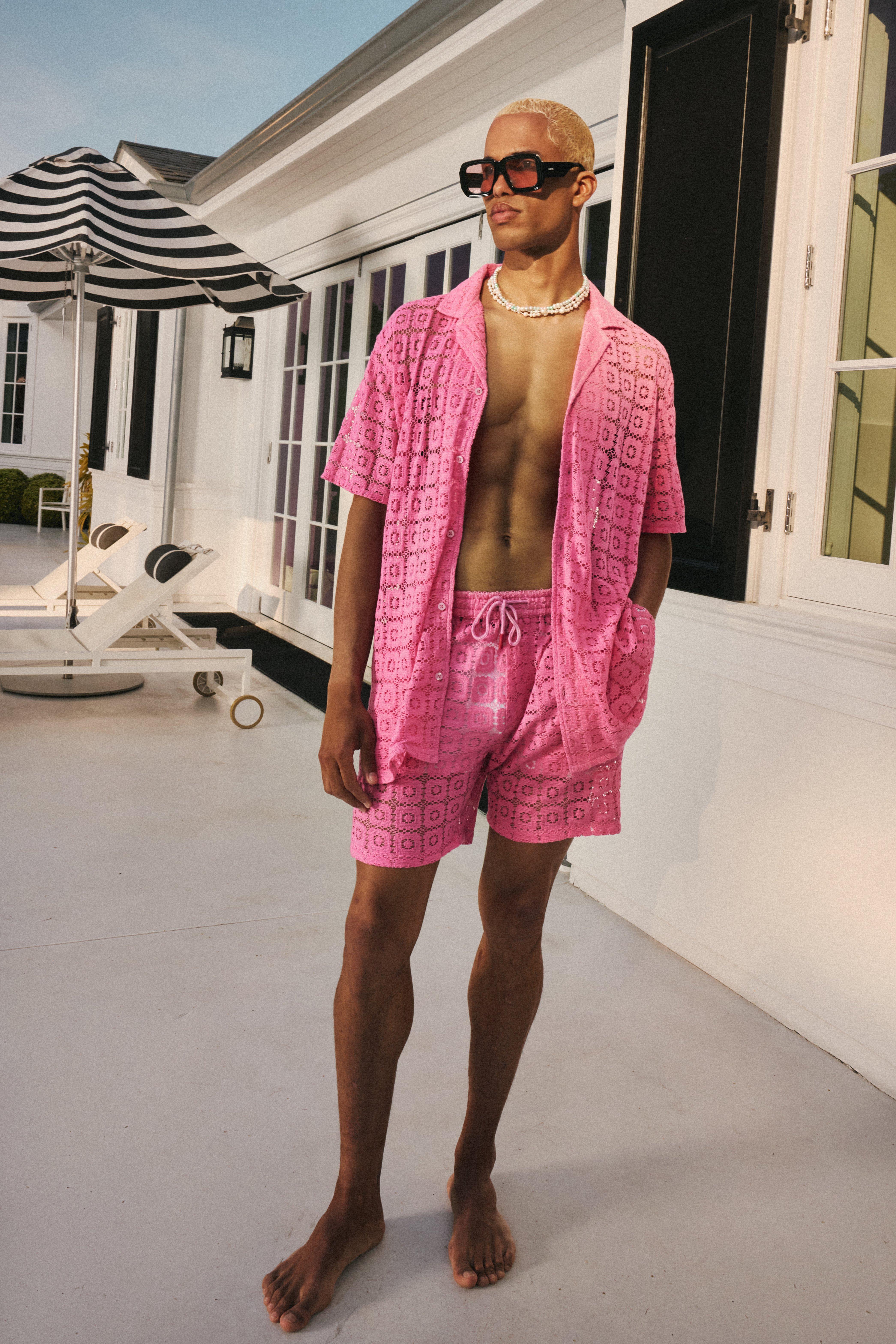 Mens Pink Oversized Open Weave Lace Shirt & Short Set, Pink